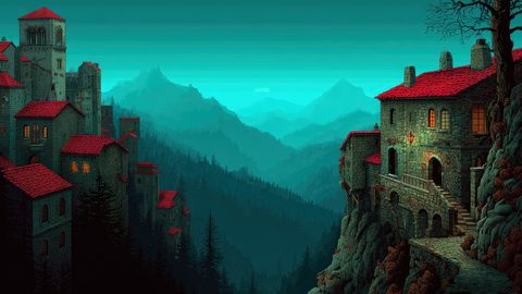 GRID THUMBNAIL — Medieval stone buildings with red roofs cling to a rocky cliff above pine forests and misty blue mountains under a tranquil twilight sky.