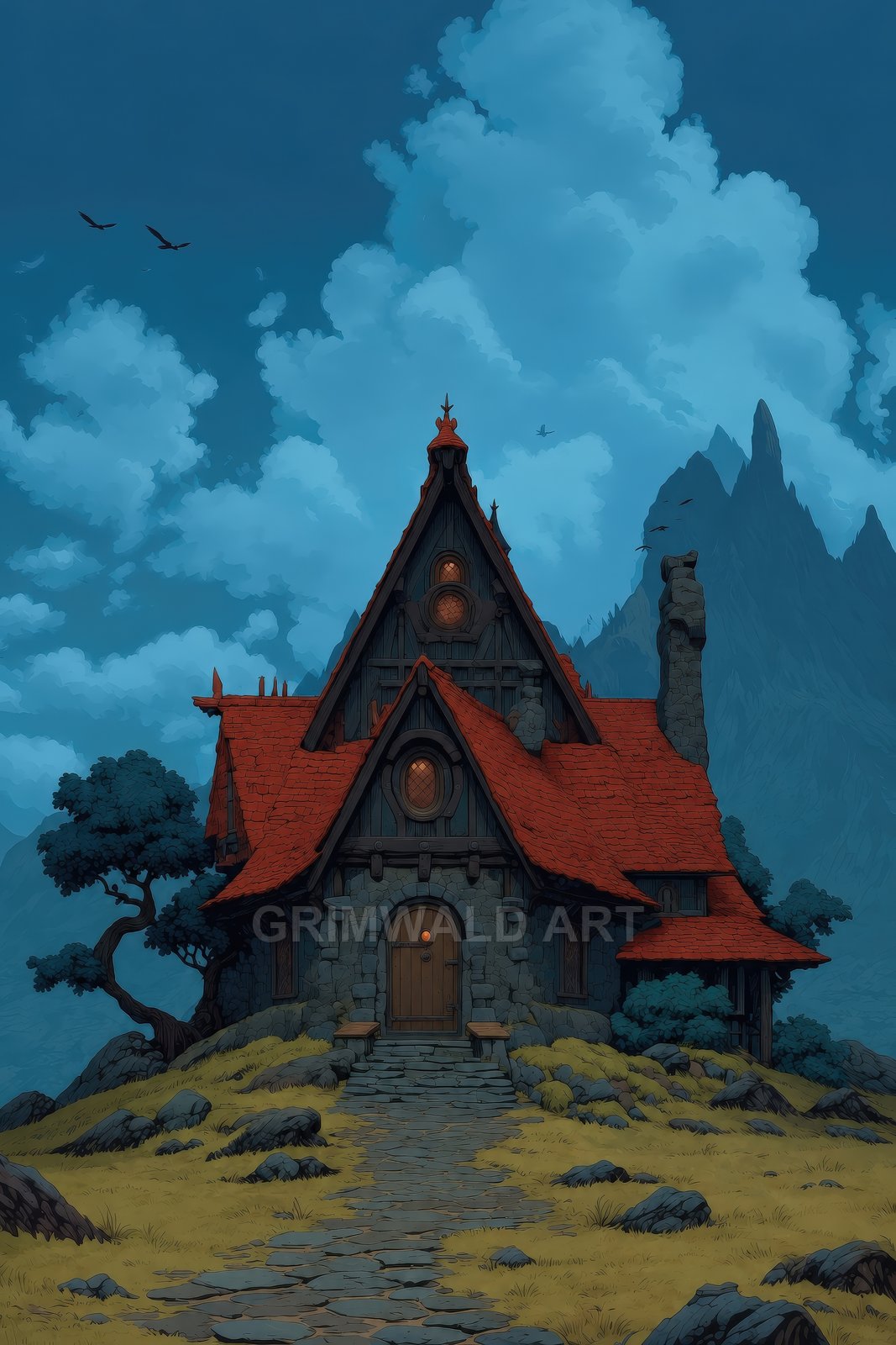 A red-roofed stone cottage with steep gables and round windows glows at twilight on a rocky hillside, mountains and circling birds rising behind.