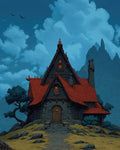 GRID THUMBNAIL — A red-roofed stone cottage with steep gables and round windows glows at twilight on a rocky hillside, mountains and circling birds rising behind.