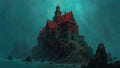GRID THUMBNAIL — Gothic red-roofed castle perched on rocky sea cliffs, stone stairway rising from surf, shrouded in teal mist with distant jagged islets.
