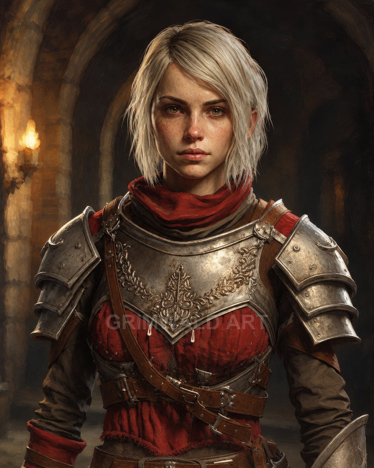 A young female knight in ornate silver armour and a red scarf stands in a torchlit stone hall, gazing forward with calm resolve.