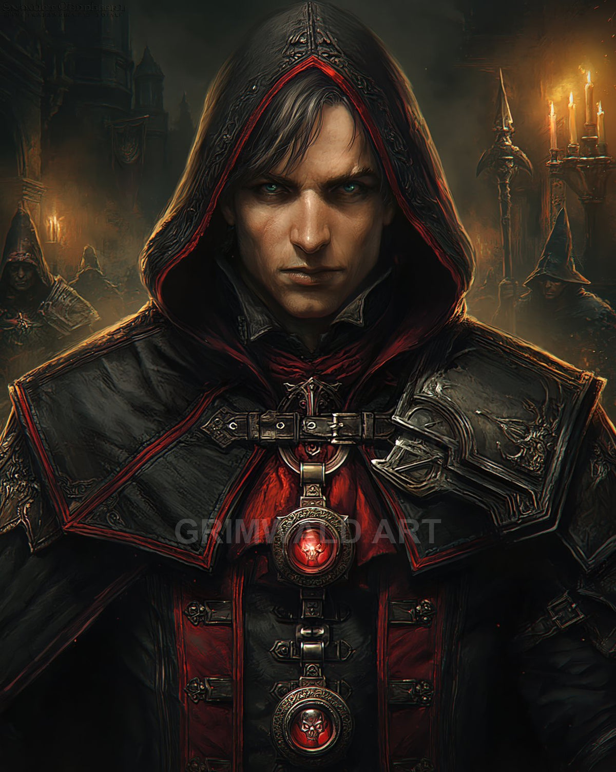A hooded male cultist in ornate black and red armour stands before candles and guards inside a dark, gothic castle corridor.