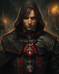 GRID THUMBNAIL — A hooded male cultist in ornate black and red armour stands before candles and guards inside a dark, gothic castle corridor.