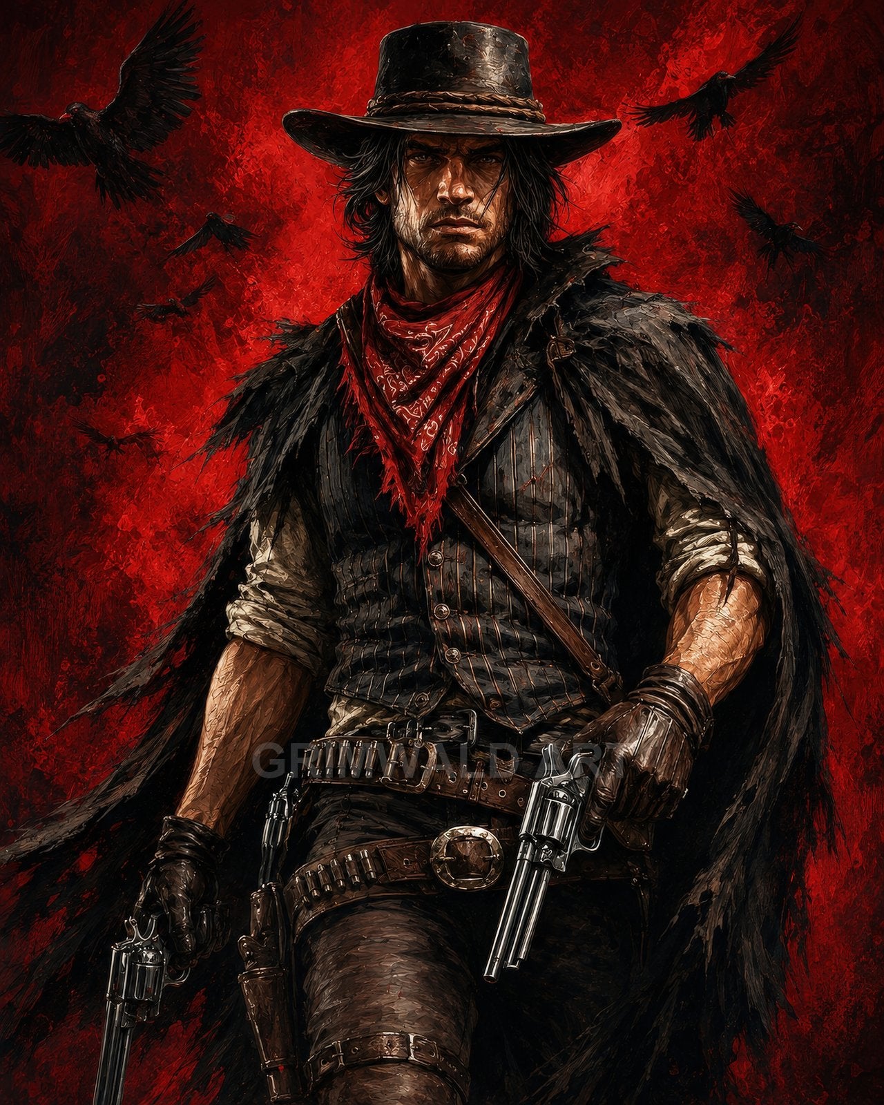 A rugged male gunslinger in a wide-brim hat and red bandana grips twin revolvers as ravens circle against a textured crimson background.