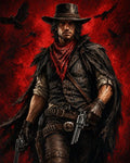 GRID THUMBNAIL — A rugged male gunslinger in a wide-brim hat and red bandana grips twin revolvers as ravens circle against a textured crimson background.