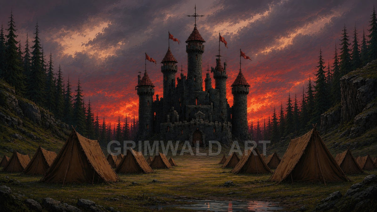 A dark stone castle with red banners rises above a pine forest as canvas tents fill the valley under a blazing red sunset sky.