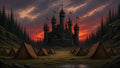 GRID THUMBNAIL — A dark stone castle with red banners rises above a pine forest as canvas tents fill the valley under a blazing red sunset sky.
