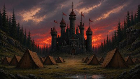GRID THUMBNAIL — A dark stone castle with red banners rises above a pine forest as canvas tents fill the valley under a blazing red sunset sky.
