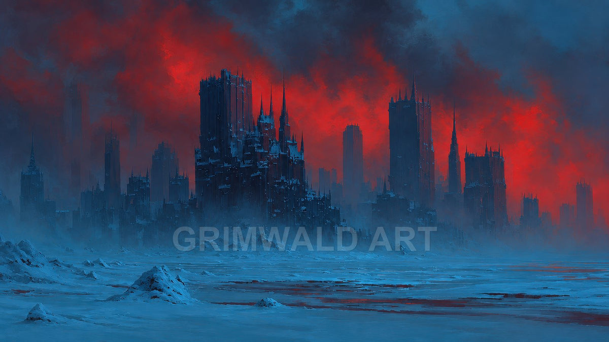 Dark spired city looms from mist beside a vast frozen plain beneath ominous crimson clouds and moody blue twilight tones.