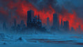 GRID THUMBNAIL — Dark spired city looms from mist beside a vast frozen plain beneath ominous crimson clouds and moody blue twilight tones.