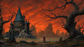 GRID THUMBNAIL — A dark fairytale castle with twisted roots amid dead trees and distant ruins beneath a fiery red sky, a lone cloaked figure observing.