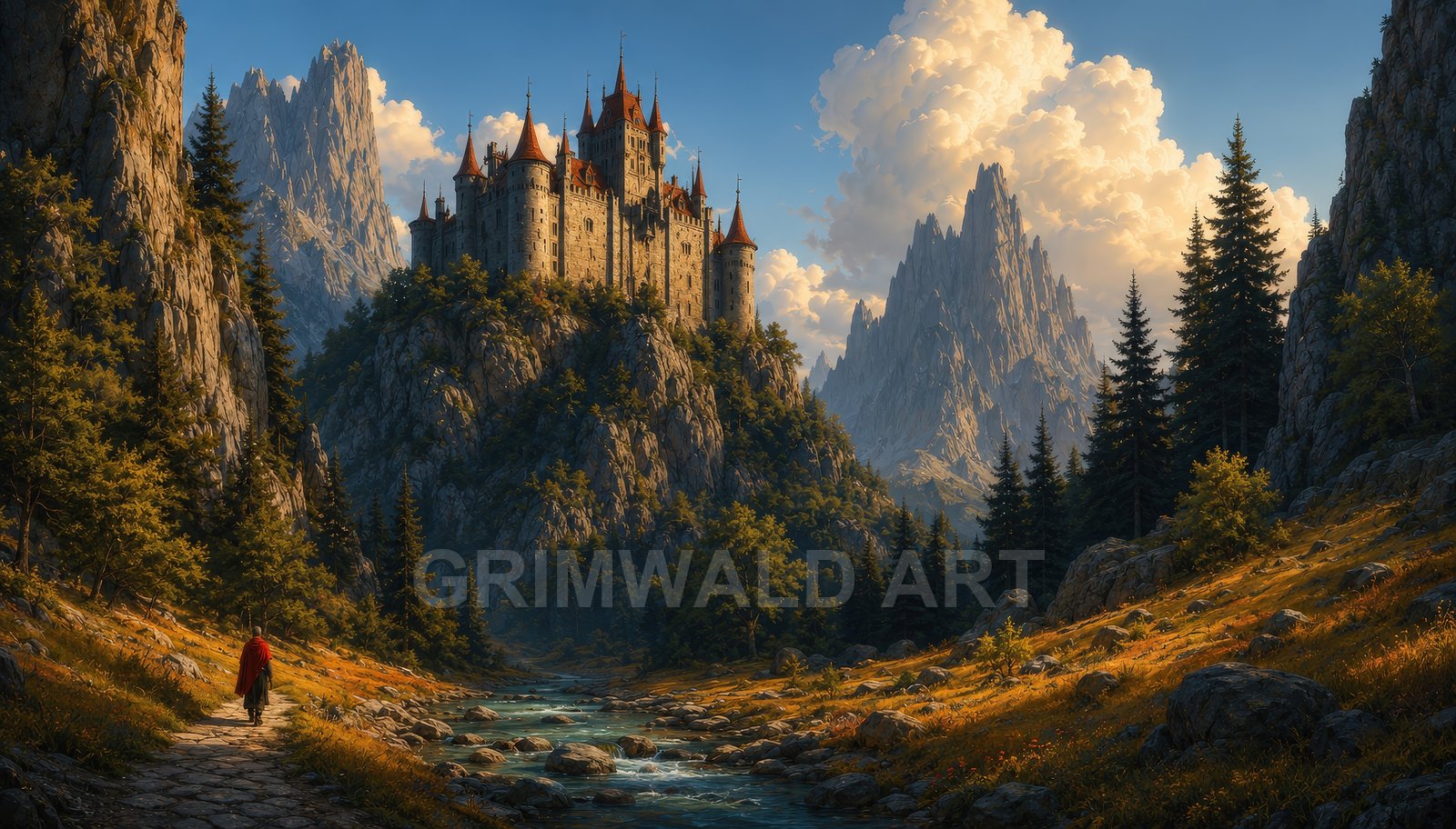 A red-roofed mountain castle overlooks a winding river and pine forests, with jagged peaks and golden evening light illuminating rocky slopes.