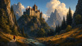 GRID THUMBNAIL — A red-roofed mountain castle overlooks a winding river and pine forests, with jagged peaks and golden evening light illuminating rocky slopes.