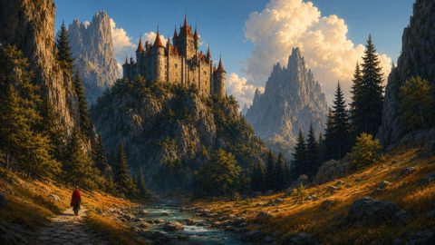 GRID THUMBNAIL — A red-roofed mountain castle overlooks a winding river and pine forests, with jagged peaks and golden evening light illuminating rocky slopes.