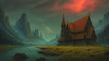 GRID THUMBNAIL — Gothic wooden chapel with red roof beside a misty lake and pine forest, under a blood-red sun and towering spire-like mountains.