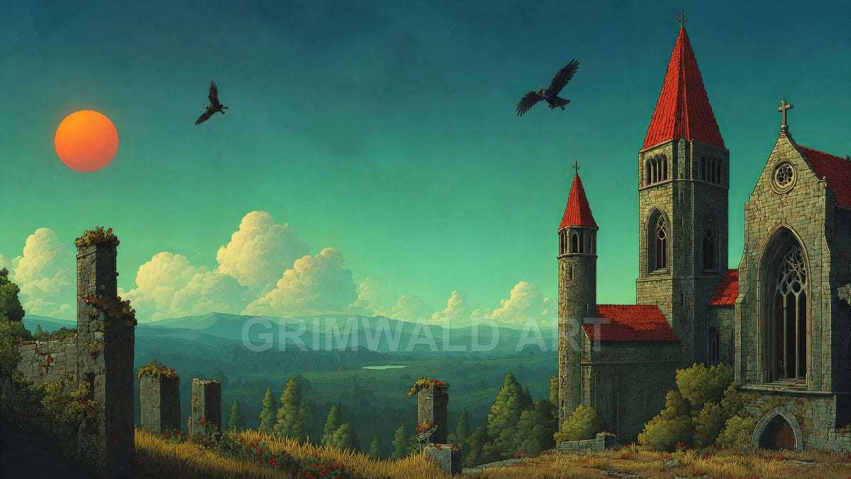 Retro fantasy landscape of a stone cathedral with red roofs beside ivy-covered ruins, orange sun, ravens, rolling forests and distant mountains.
