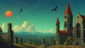 GRID THUMBNAIL — Retro fantasy landscape of a stone cathedral with red roofs beside ivy-covered ruins, orange sun, ravens, rolling forests and distant mountains.