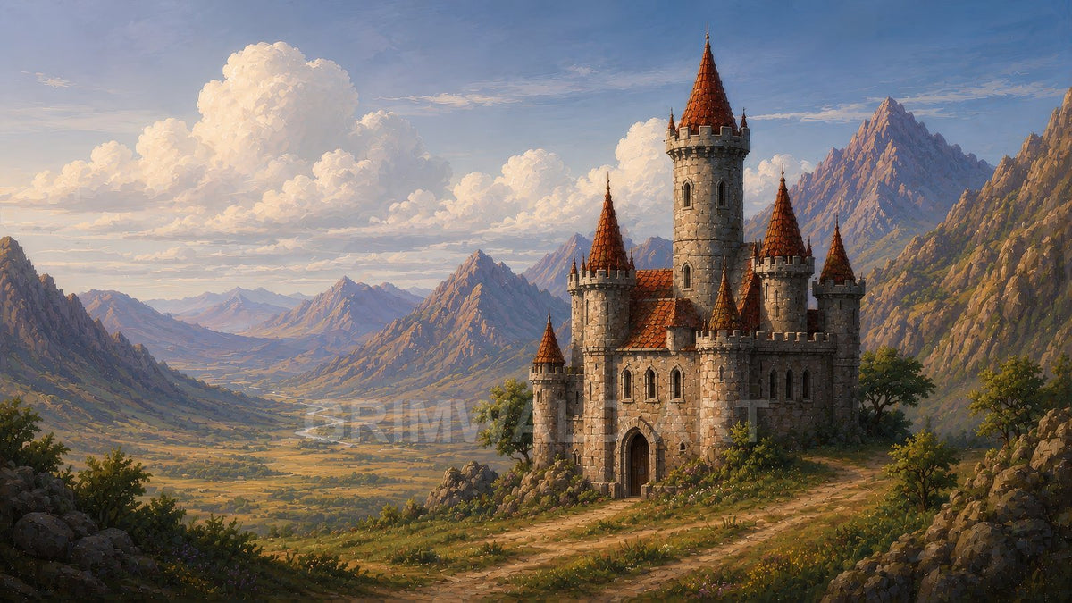 Stone castle with red-roofed turrets overlooks a winding valley and river, framed by rugged mountains under a warm, cloud-strewn sky.