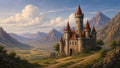 GRID THUMBNAIL — Stone castle with red-roofed turrets overlooks a winding valley and river, framed by rugged mountains under a warm, cloud-strewn sky.