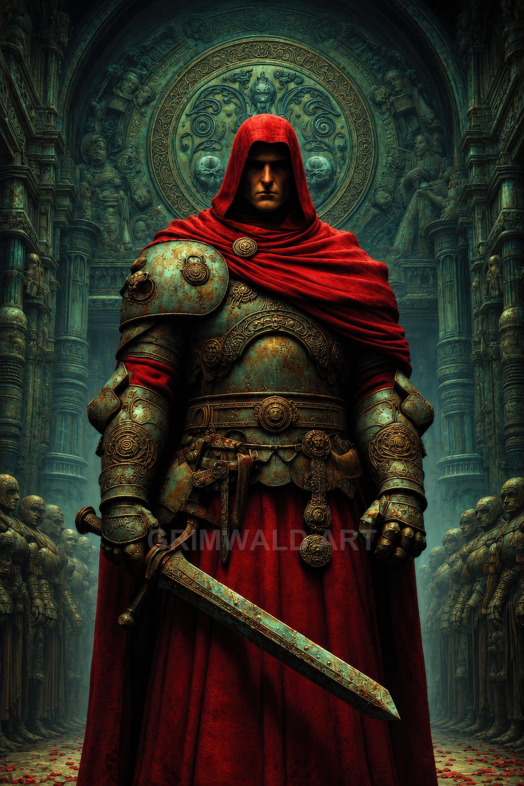 Armoured hooded knight in red cloak holds ornate sword inside a gothic cathedral, teal patina armour and carved reliefs surrounding him.