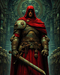 GRID THUMBNAIL — Armoured hooded knight in red cloak holds ornate sword inside a gothic cathedral, teal patina armour and carved reliefs surrounding him.