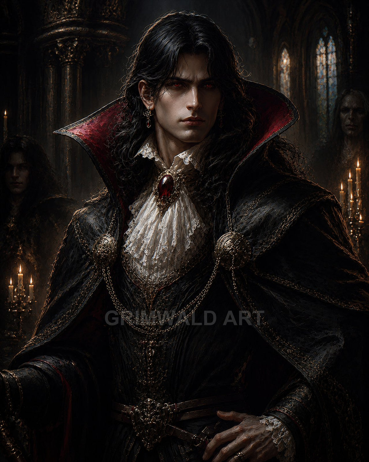 Elegant male vampire with red eyes and ornate black cloak stands in a candlelit gothic hall, lace cravat and jewelled brooch gleaming.