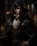 GRID THUMBNAIL — Elegant male vampire with red eyes and ornate black cloak stands in a candlelit gothic hall, lace cravat and jewelled brooch gleaming.