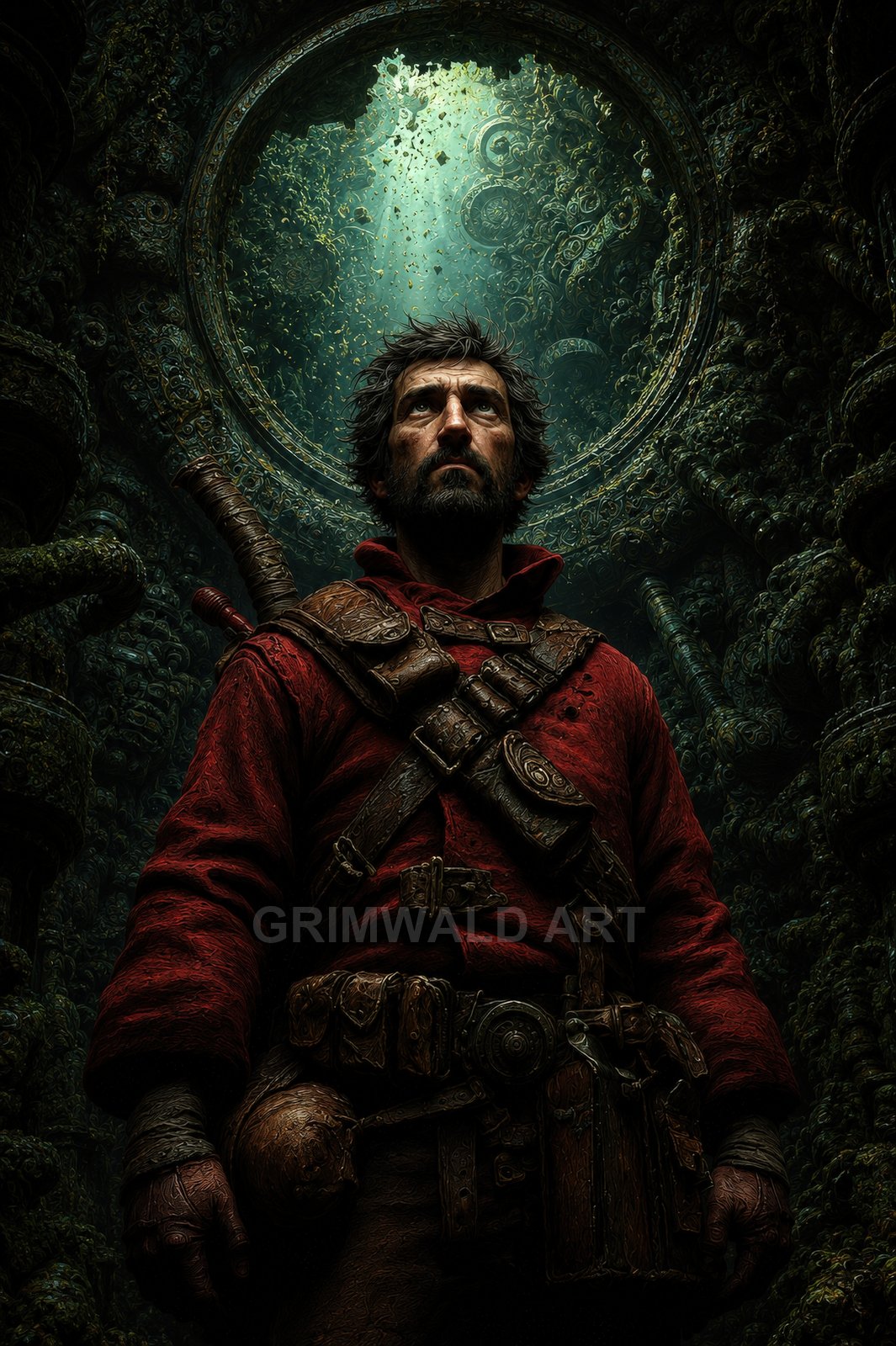 Bearded male adventurer in a red coat stands in an ornate, moss-dark ruin, sword on his back, lit by a circular oculus above.