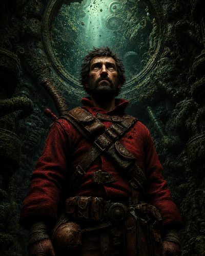 GRID THUMBNAIL — Bearded male adventurer in a red coat stands in an ornate, moss-dark ruin, sword on his back, lit by a circular oculus above.
