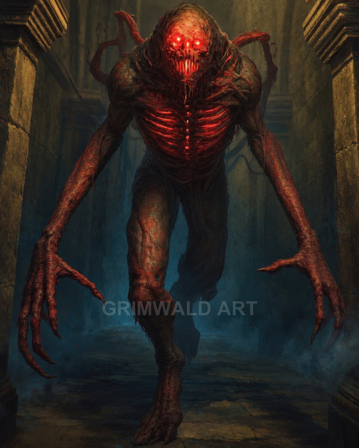 A towering red-skinned demon with glowing ribs and eyes stalks a misty stone corridor, long claws extended between ancient pillars.