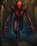 GRID THUMBNAIL — A towering red-skinned demon with glowing ribs and eyes stalks a misty stone corridor, long claws extended between ancient pillars.
