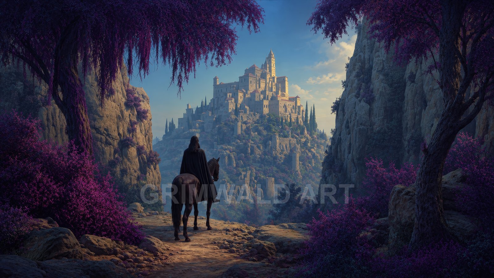 Cloaked rider on horseback pauses on a rocky path beneath purple trees, gazing toward a sunlit hilltop castle city between towering cliffs.