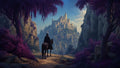 GRID THUMBNAIL — Cloaked rider on horseback pauses on a rocky path beneath purple trees, gazing toward a sunlit hilltop castle city between towering cliffs.