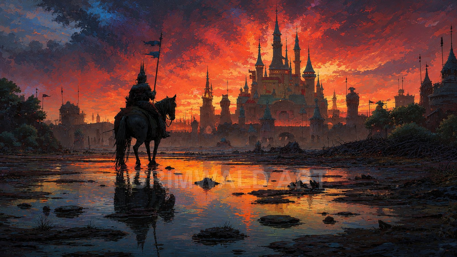 A lone mounted rider pauses by reflective marsh pools, facing a many-spired castle beneath a fiery orange sunset sky with deep purple clouds.