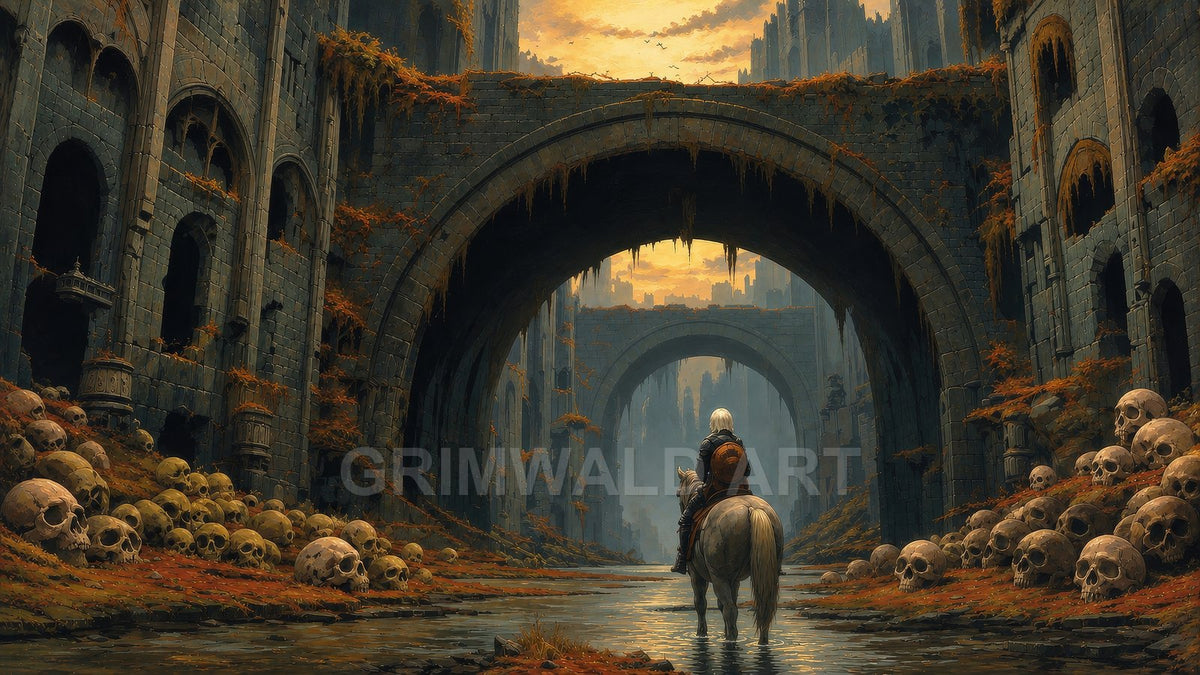 A lone rider on a white horse crosses shallow water beneath vast ruined stone arches, flanked by piles of skulls and autumnal vines at sunset.