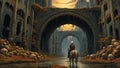 GRID THUMBNAIL — A lone rider on a white horse crosses shallow water beneath vast ruined stone arches, flanked by piles of skulls and autumnal vines at sunset.