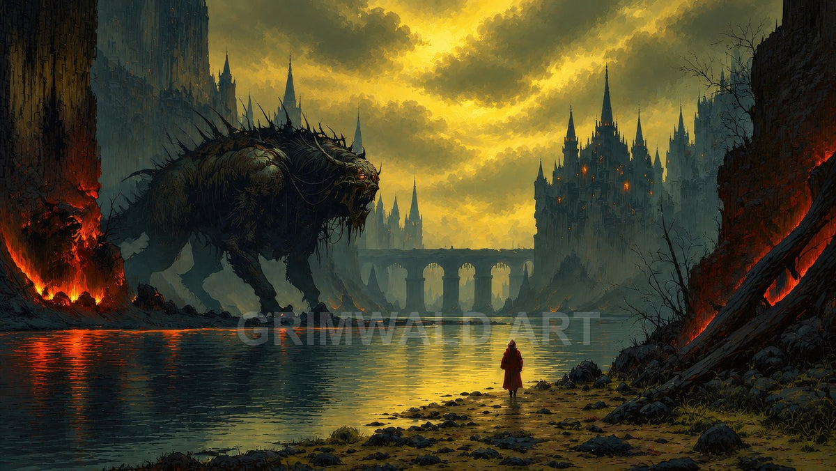 Ominous dark fantasy landscape of a colossal spined beast by a river, facing a distant spired citadel under a golden, stormy sky.