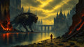 GRID THUMBNAIL — Ominous dark fantasy landscape of a colossal spined beast by a river, facing a distant spired citadel under a golden, stormy sky.