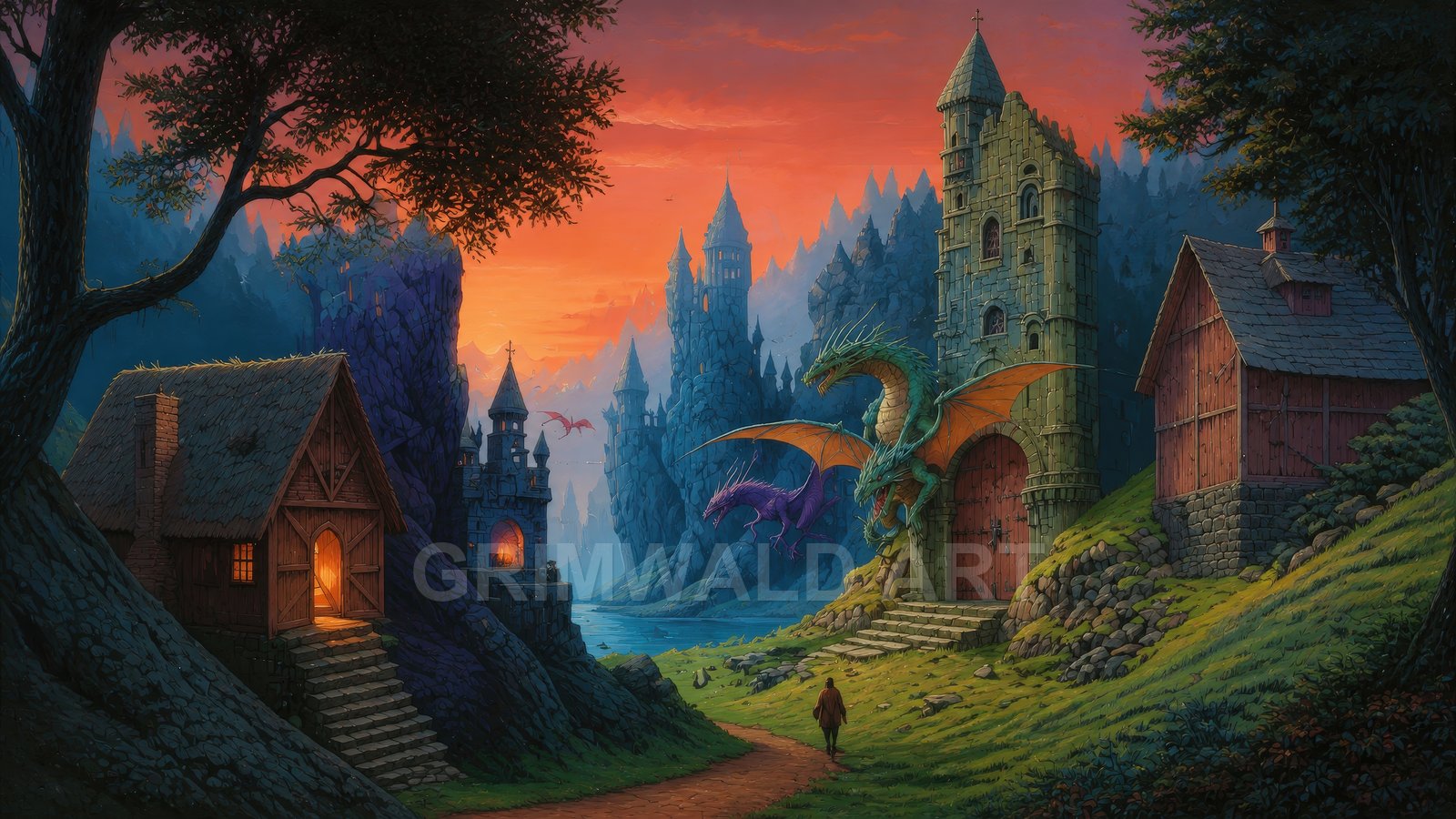 Sunset fantasy valley with castle towers, glowing cottages and dragons by a river, a lone traveller walking along a winding path.
