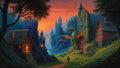 GRID THUMBNAIL — Sunset fantasy valley with castle towers, glowing cottages and dragons by a river, a lone traveller walking along a winding path.