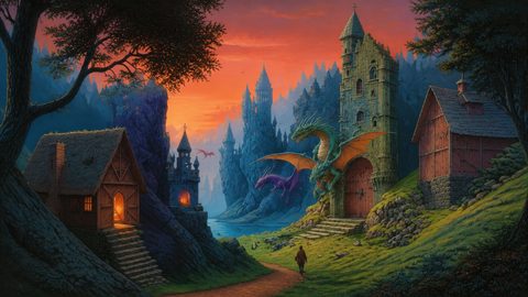 GRID THUMBNAIL — Sunset fantasy valley with castle towers, glowing cottages and dragons by a river, a lone traveller walking along a winding path.
