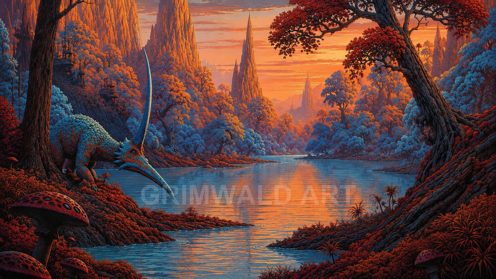 A tranquil fantasy river winds through spired mountains and red-blue forests at sunset, with a horned reptilian creature and giant mushrooms in the foreground.