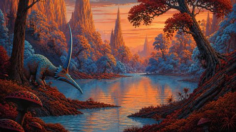 GRID THUMBNAIL — A tranquil fantasy river winds through spired mountains and red-blue forests at sunset, with a horned reptilian creature and giant mushrooms in the foreground.