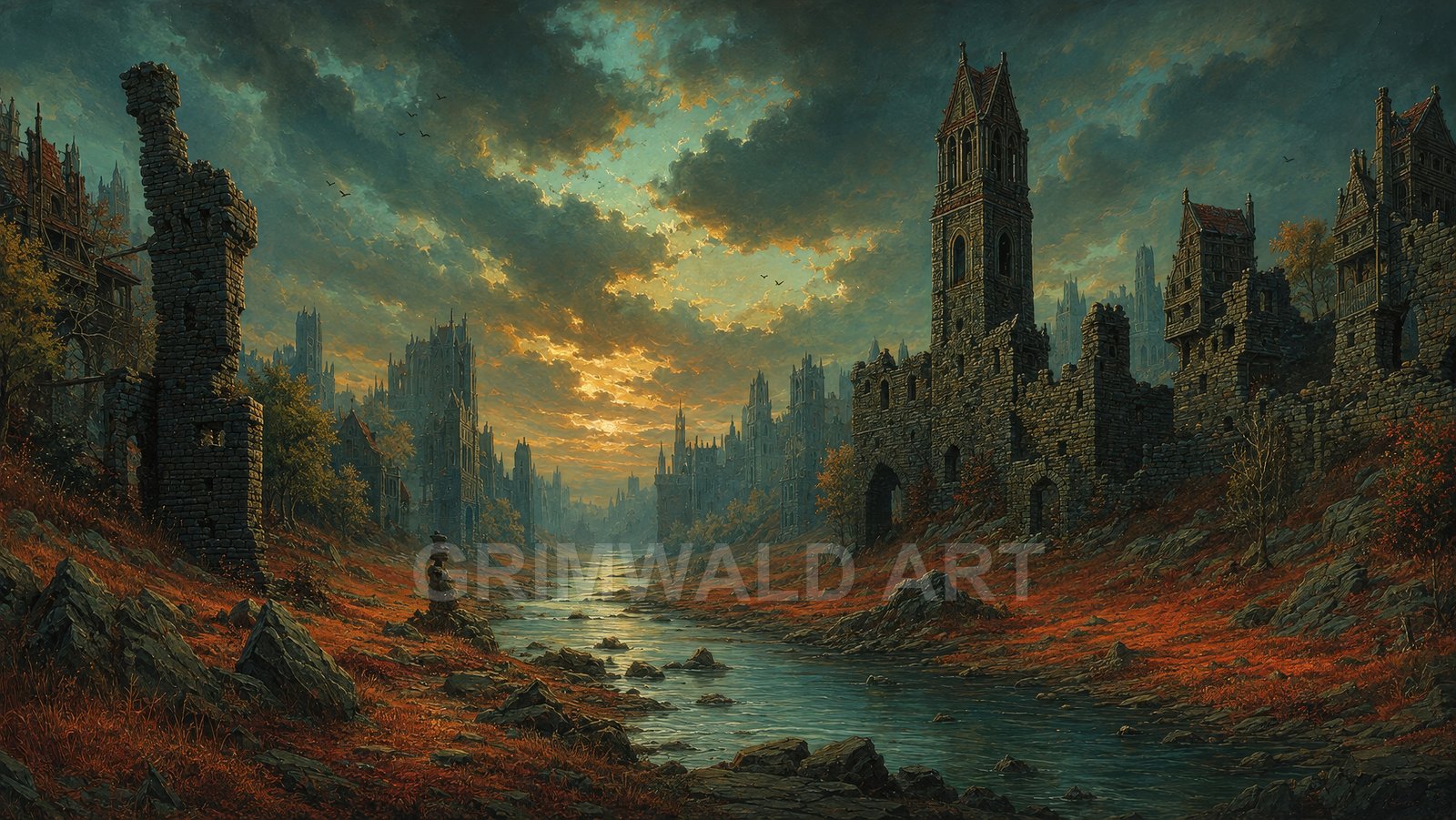 A winding river cuts through a ruined medieval city of stone towers and walls beneath dramatic sunset clouds, with red autumn foliage and rocks.