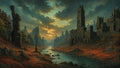 GRID THUMBNAIL — A winding river cuts through a ruined medieval city of stone towers and walls beneath dramatic sunset clouds, with red autumn foliage and rocks.