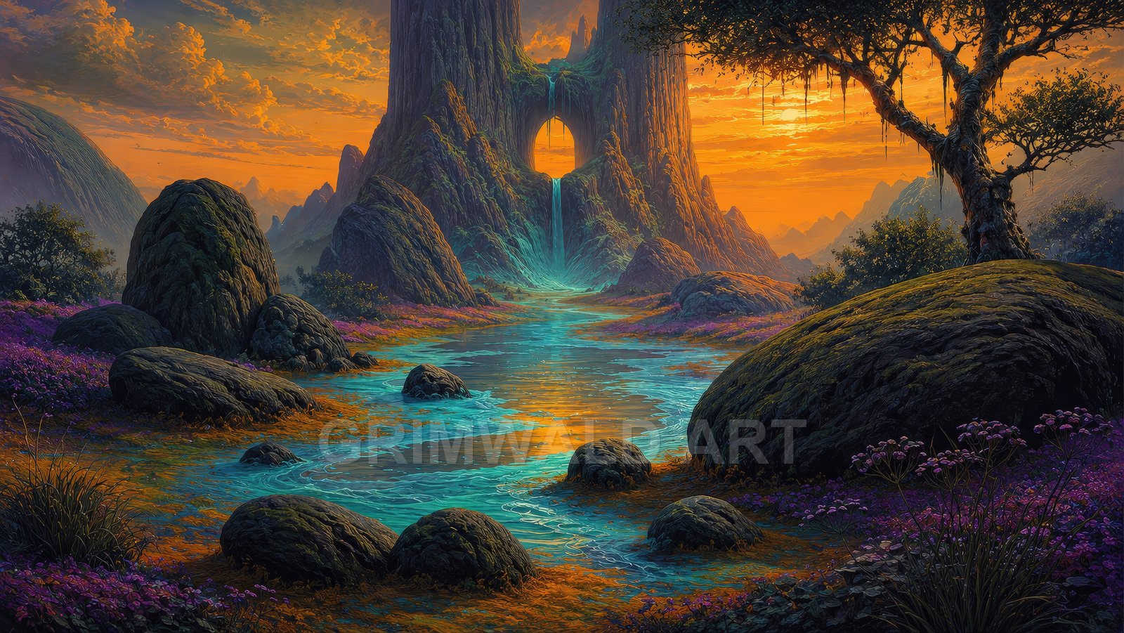 Sunset fantasy valley with a glowing turquoise river, rocky boulders, purple wildflowers, and a towering mountain pierced by a waterfall-fed circular arch.