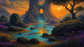 GRID THUMBNAIL — Sunset fantasy valley with a glowing turquoise river, rocky boulders, purple wildflowers, and a towering mountain pierced by a waterfall-fed circular arch.