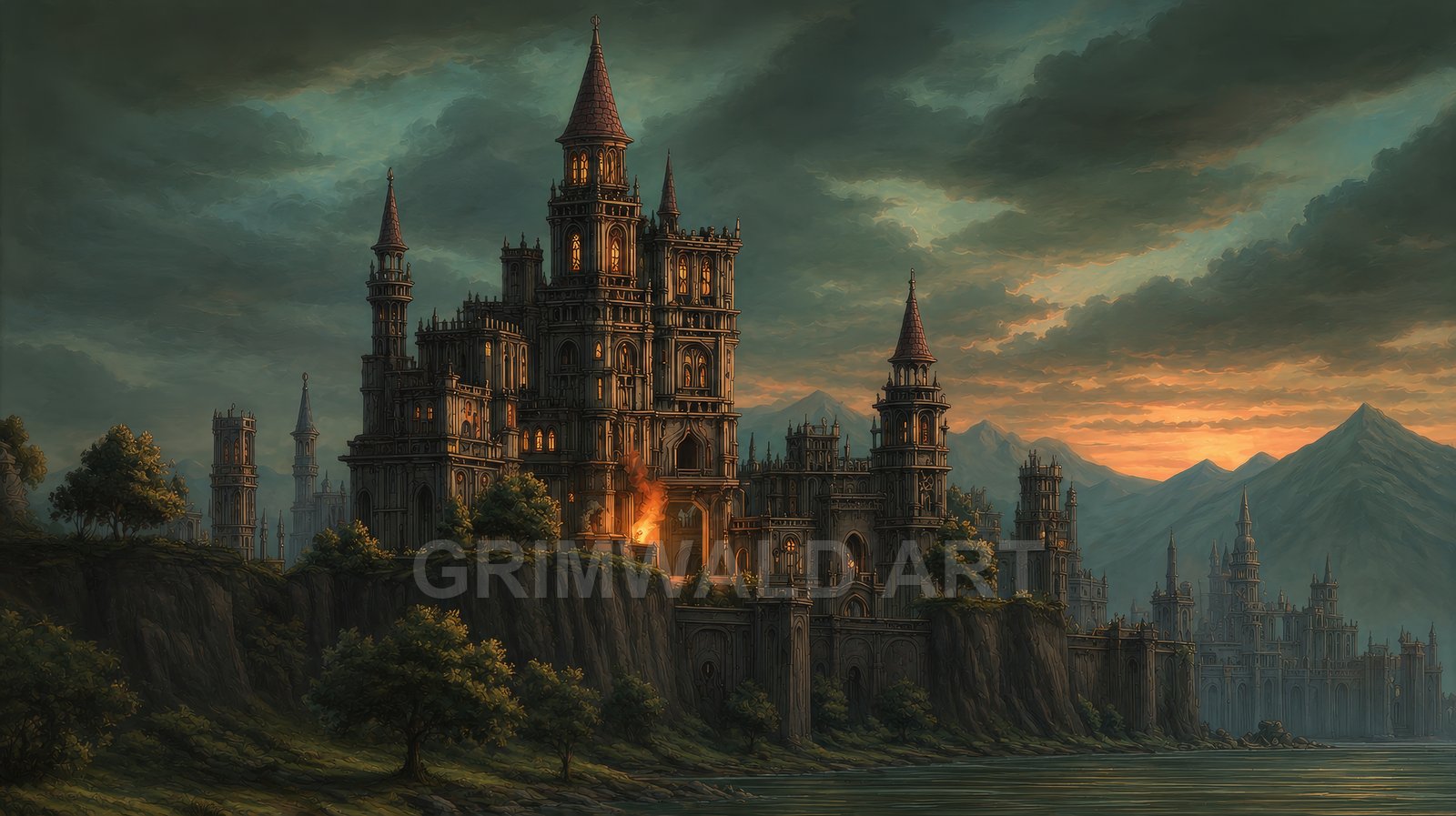 Rivercliff Citadel at Sunset – Retro Fantasy Landscape Art