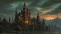 GRID THUMBNAIL — Elaborate gothic castle city with tall spires on cliff above a river, warm lights and small fire, mountains under moody sunset sky.