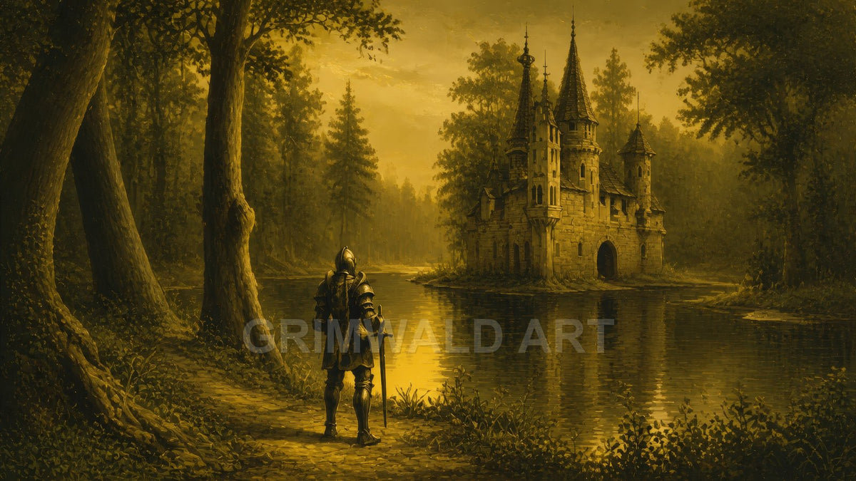 A lone armoured figure stands on a forest path beside a calm river, gazing across at a turreted stone castle in warm golden light.